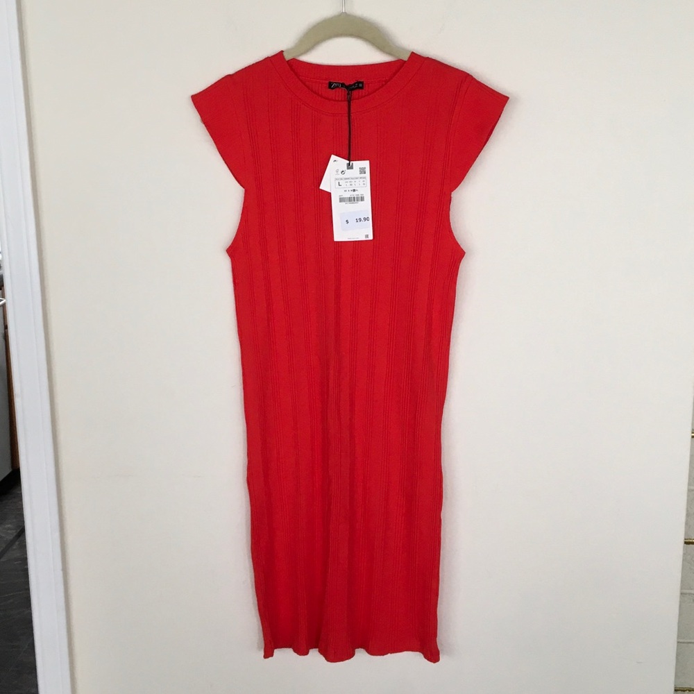 Zara Red Ribbed Sleeveless Knit Dress